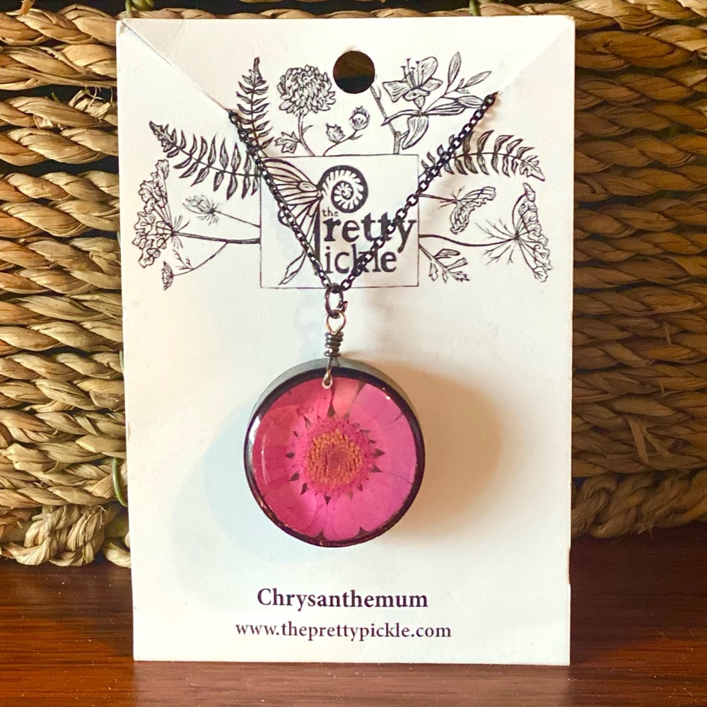 Botanical Necklace 24”,  Pink Chrysanthemum  Flower Pressed